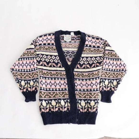 Vintage Pure Stuff Navy and Pink Knit Button Cardigan Size Small - Picture 4 of 12